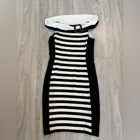 Frank Lyman Black & White Striped Off-Shoulder Dress with Buckle| Size 8 | - Picture 2 of 8